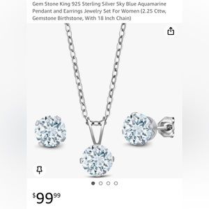NWT Gem Stone King Sky Blue Aquamarine Pendant and Earrings